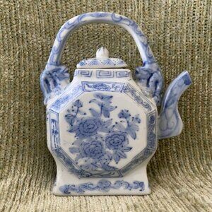 White/Blue Floral Design Octagon Teapot